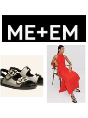 ME+EM Italian Leather Sandals EU 38.5 US 7.5–8 Black Ivory Buckle Slingback Flat